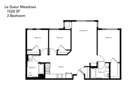 Floor plan for 3 beds, 2 baths, 1040 sqft